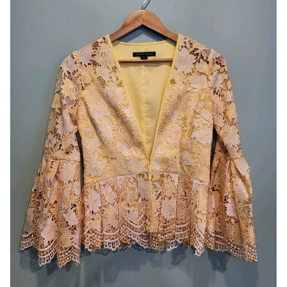 Boston Proper Yellow Lace Bell Sleeve Peplum Party Fairy Blazer Sz 0